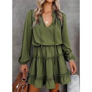 Asvivid Women Split VNeck Ruffle Mini Casual Tiered Babydoll Short Green Dress M